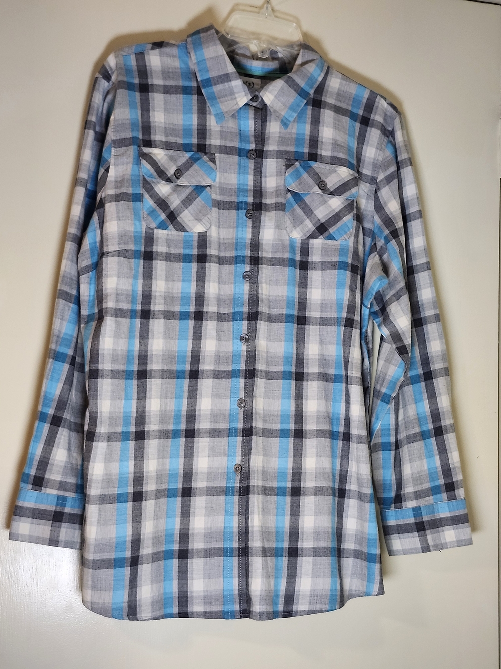 Izod Blue, Gray and White Plaid Button-Down Shirt XL